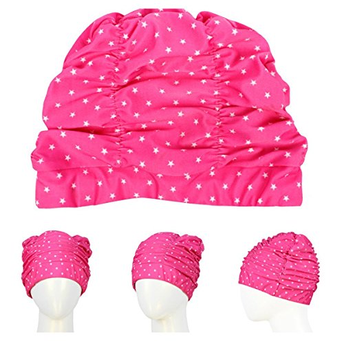 Eforstore Swimming Caps Long Hair Swim Cap Pleated Cloth Fabric Bathing Hats Lycra Beanie Hat for Adult Men Women Grids Blue