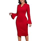 Church Dresses for Women Flare Sleeve V Neck Business Wear to Work Vintage Mid Pencil Formal Dress with Pocket