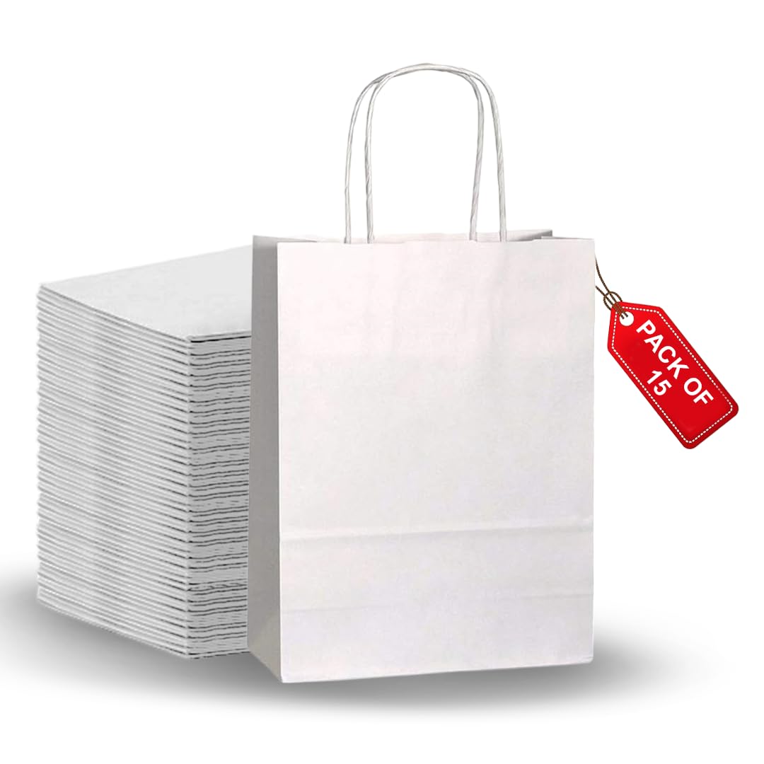 Kids Party Bags - 15Pcs Wrinkle Free Paper Party Bags with Twisted Handles - White Party Bags, 100gsm Strong Recyclable Gift & Kraft Bags for Birthdays & Baby Showers 24×18×8cm