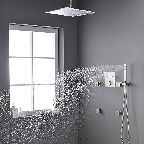 Brushed Nickel 12" Thermostatic LED Rain Shower System with Body Sprays Handheld and Mixer Valve
