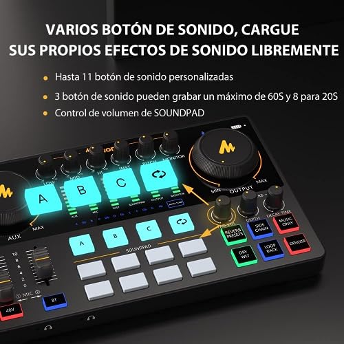 MAONO Mezclador Interfaz Audio de 10 Canales con Micrófono Dinámico XLR, Caster Podcast Kit con Preamplificador Profesional, 48V, Bluetooth para Podcast, Stream, TikTok, PC, Celular(AME2C Pro)