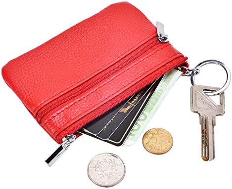 DEEZOMO RFID Blocking Genuine Leather Zipper Change Purse Coin Wallet with Key Ring - Red