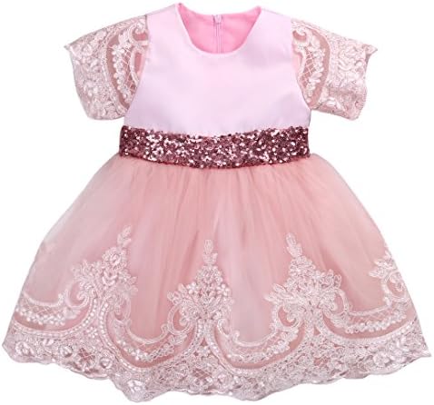 Andannby Toddler Baby Girls Lace Sequin Bow Wedding Party Princess Occasion Tutu Dresses (Pink, 0-6 Months)
