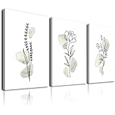 Sage Green Botanical Wall Art, Boho Wall Art Farmhouse Decor, Framed Plant Wall Decor Sage Green Watercolor Wild Flowers Floral Leaf Line Canvas Paintings, Minimalist Botanical Prints for Bedroom