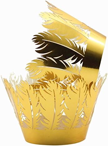 YOZATIA 60PCS Gold Cupcake Wrappers,Laser Cut Feather Cupcake Liner, Boho Party Decoration for Indian Wedding Favor Tribal Party Wild One Decoration(Gold)