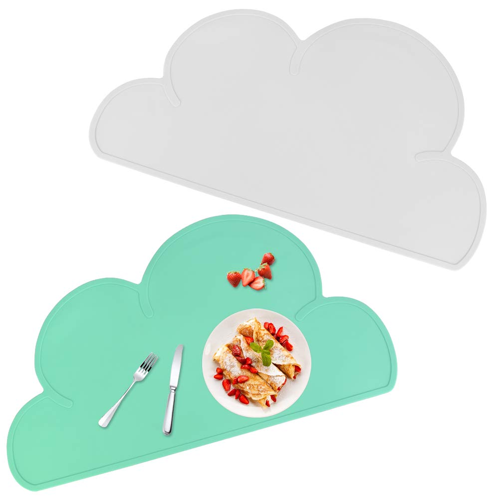 TANCUDER 2 PCS Silicone Placemat for Kids, 48 * 27cm Non Slip Table Place Mat Cloud Shape Baby Feeding Plate Tray Heat Proof Stain Resistant Washable Toddler Tablemat, White,One Size