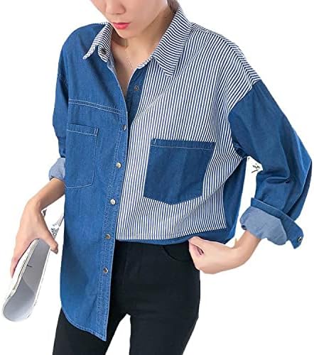es-uk Denim Shirt for Women UK Casual Tunic Tops Long Sleeve