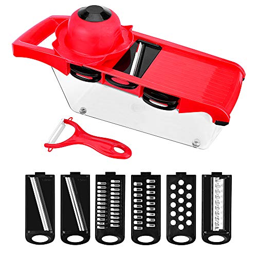 AIYEGO Mandoline Slicer, Multifunctional Vegetable Cutter Slicers with Hand Protector & Peeler, 6-in-1 Interchangeable Blades of Straight Cut/Julienne/Wave Shape/Grinding Paste