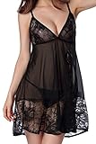 SEXYHUT Women Lingerie Nightwear Lace Babydoll V Neck Sleepwear Strap Chemise (Black)