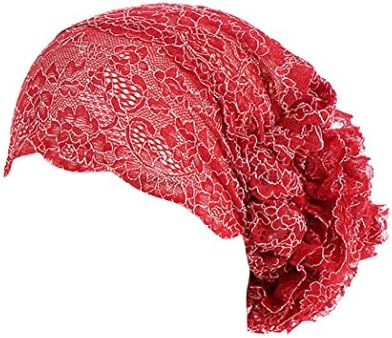 Sansee Women Lace Muslim Ruffle Cancer Chemo Hat Beanie Scarf Turban Head Wrap Cap (Red)