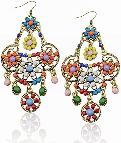 Bohemia Multi-Color Retro Copper Flower Acrylic Beads Fringe Cluster Earrings