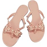 TYFLOVE Women Rivet Flip Flops Studded Jelly Thong Sandals with Bow Summer Bowtie Flat Beach Rain Shoes