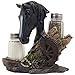 Black Stallion Salt and Pepper Shaker Set with Holder Display Stand Horse Figurine Featuring an Old-fashioned Wagon Wheel on Wood Fence, Horseshoes and Lasso Accents for Rustic Country Western Kitchen Decor Table Centerpieces As Gifts for Cowboys