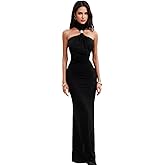 JUMISEE Women’s Elegant Gold Metal Ring Mock Neck Maxi Dress Sexy Halter Bodycon Long Dress Evening Cocktail Dresses
