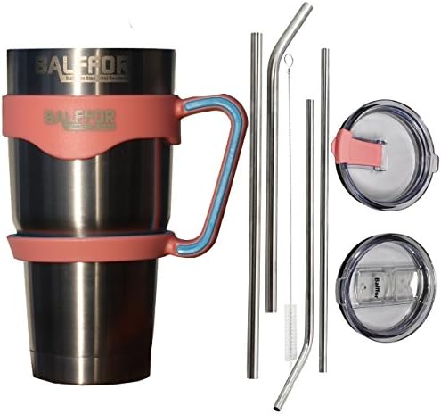 Rumbler Double Wall Vacuum Insulated Stainless Steel Tumbler with Handle 30oz Bundle: 1 Mug - 4 Straws ( 2 Wide, 2 Slim) - 1 Cleaner - 1 Spill Proof Lid - 1 Spill & Splash Resistant Lid - 1 Handle