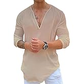 Rela Bota Mens Hawaiian V-Neck Shirt Solid Hippie Shirts Yoga Henley Shirt Beach Wear