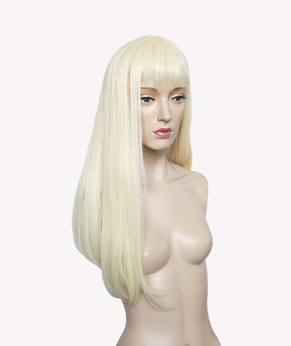Namecute Bleach Blonde Wig 24 Inch Long Straight Wigs Bangs Full Cap Synthetic Natural Hair for Women , Free Wig Cap