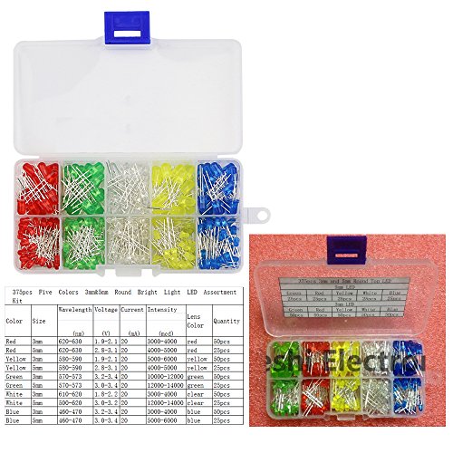 375pcs 3mm 5mm Colored LED Emitting Diodes Light Bulbs with 600pcs Metal Film Resistors Assortment kit