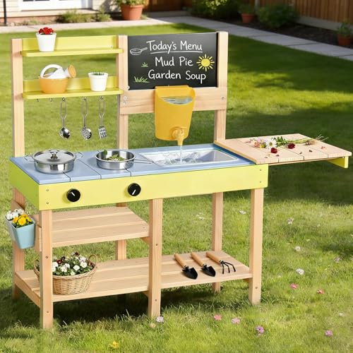 Dreamon Kitchen Toy for Children, Cocinita de Madera Wooden Set for Children and Girls Ages 3 and up, Mud Kitchens for Kids Outdoor, with Sink, Blackboard