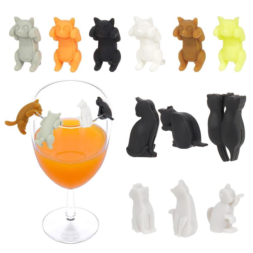 NBEADS 12 Pcs Cats Drink Markers, 2 Styles Silicone Assorted Postured Cats Wine Glass Charms Kitty Drink Cup Bottle Label Pet Animal Mugs Tag for Bar Party Wedding Champagne Cocktail