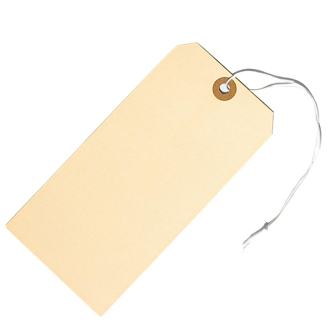 Photo 1 of 100 Large Tags with Elastic String Attached - # 8, 6 1/4" x 3 1/8" - Big Shipping Tags with Elastic String Loop and Reinforced Hole, Tie On Labels