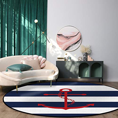 OneHoney-Round-Area-Rugs-Nautical-Red-Anchor-Sailor-Indoor-Entryway-Doormat-Throw-Runner-Rug-Floor-Carpet-Pad-Yoga-Mat-for-Living-Room-Bedroom-Blue-and-White-Stripes-3Feet OneHoney Round Area Rugs, Nautical Red Anchor Sailor Indoor Entryway Doormat Throw Runner Rug Floor Carpet Pad Yoga Mat for Living Room Bedroom Blue and White Stripes 3Feet