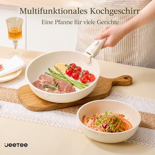 JEETEE Pot and Pan Sets with Removable Handle, 17-Piece Non-Stick Pan Set, Induction Pot Set, Cooking Pot Set with Lid and Knife, Compatible with All Cookers, PFOS/PFOA Free, Beige