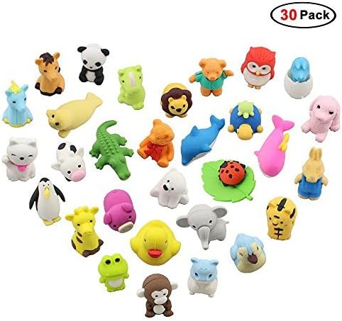 Easter Day Gifts, 30 Pack Premium Novelty Animal Erasers Collectible Set of Adorable Japanese Style, Amazing Variety with No Duplicates, Best Puzzle Toys for Kids Party (Animal Erasers 30 Pack)