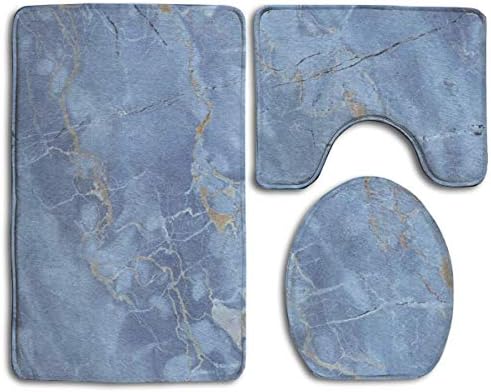 CANCAKA Bath Mats 3 Piece - Memory Foam Bathroom Carpet - Water Absorbent Contour Mat and Lid Cover - Anti-Skid Machine-Washable Quick Dry Light Blue Marble Texture Rug Mat