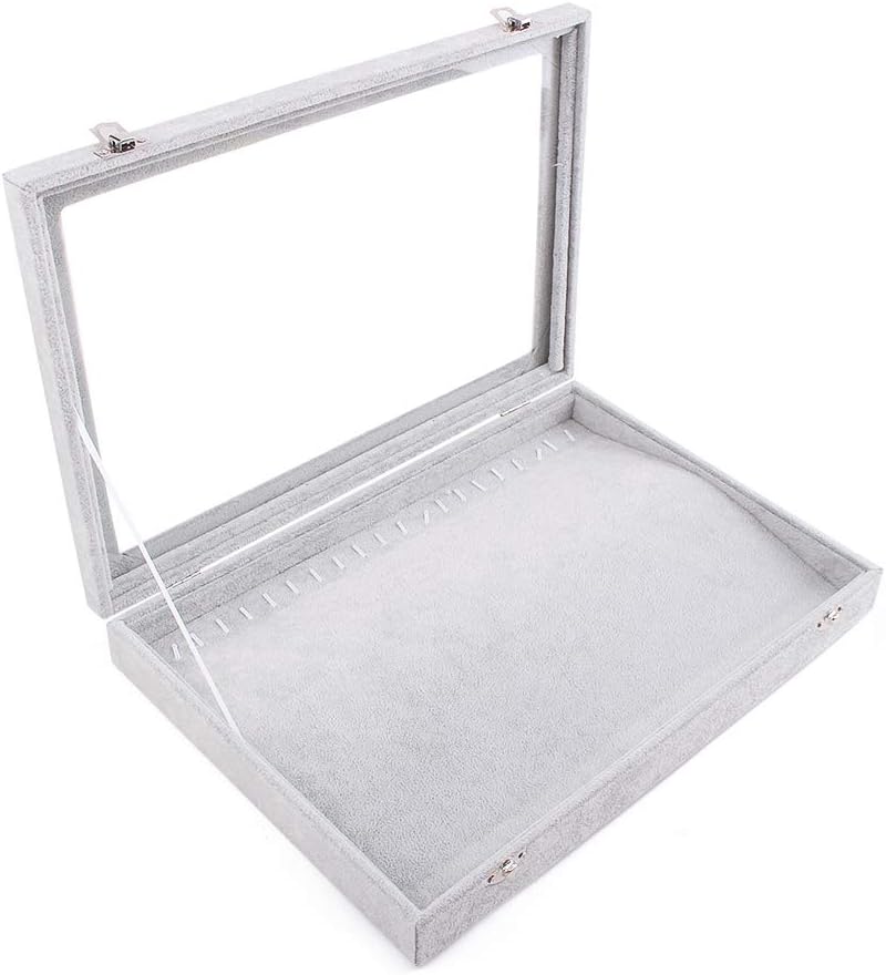 OOSAKU Girls Velvet Glass Necklace Tray Storage Showcase Jewellry Holder Organizer Box (Grey, L)