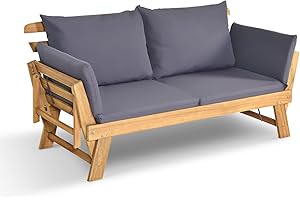 DORTALA Patio Convertible Couch Sofa Bed, Acacia Wood Daybed with Adjustable Armrest, Collapsible Chaise Lounge w/Cushions & Pillows, Grey