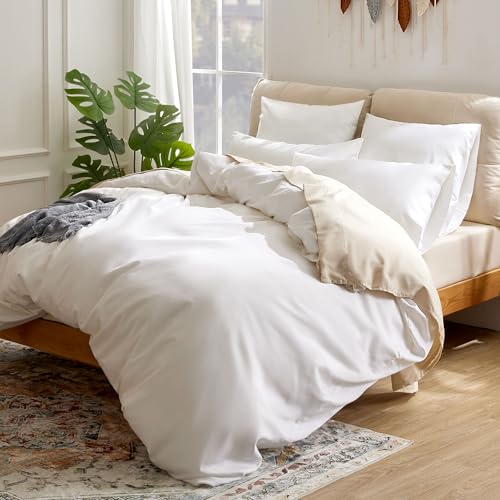 Sonive Ensemble de Housse de Couette en Satin de Coton 400 Fils - 135 x 200 cm, Taies d'oreiller 50 x 80 cm x 1, Blanc