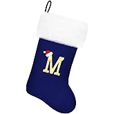 Tokforty 20 Inches Blue Velvet with White Super Soft Plush Cuff Monogram Christmas Stockings, Xmas Personalized Embroidered Letter Stockings for Family Holiday Decorations and Xmas Tree Fireplace(M)
