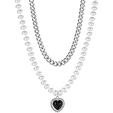 HMOOY Layered Pearl Necklace, Pearl Chain Necklace with Black Heart Pendant Dainty Double Layered Imitation Pearl Choker Necklace Silver Chunky Chain Necklace Fashion Jewelry for Women
