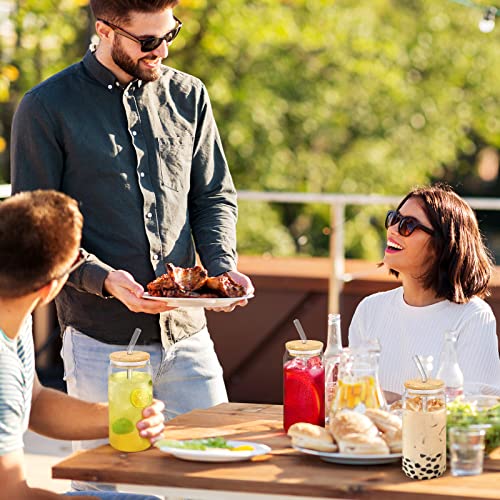 Gavoyeat Drinking Glasses with Bamboo Lids and Straw Set of 6, 16oz Can Shaped Glass Cups Beer Glass Iced Coffee Glasses Cute Tumbler Cup for Fruit juice, Smoothie, Boba Tea, Water