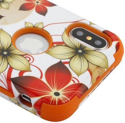 Kaleidio Case for Apple iPhone Xs, X [TUFF] 3-Piece Armor Protector [Shockproof] Dual Layer Impact Rubber Cover [Red Fall Flowers]