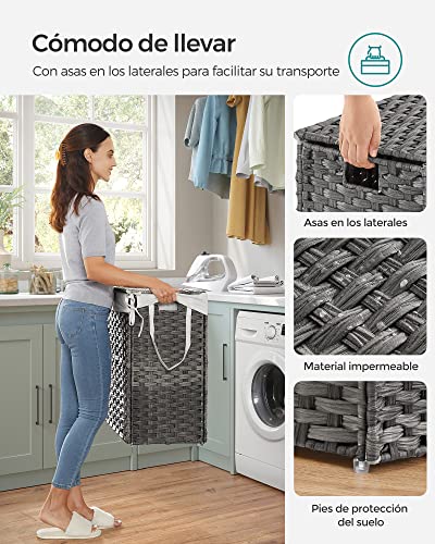 SONGMICS Cesto de la Ropa,130 L,Cesto de Lavandería,Tejido a Mano,con Compartimentos Separados,con Tapa y Asas,Ratán Sintético,Plegable,Bolsa de Forro Extraíble,Gris MLCB253G01.