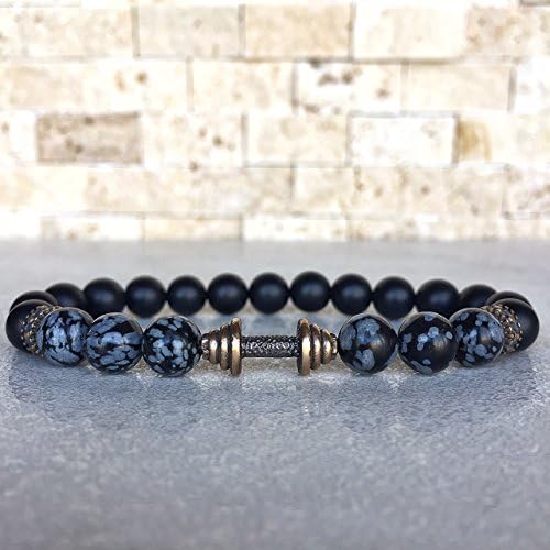 COPPER BARBELL OBSIDIAN AND ONYX STRETCH BRACELET