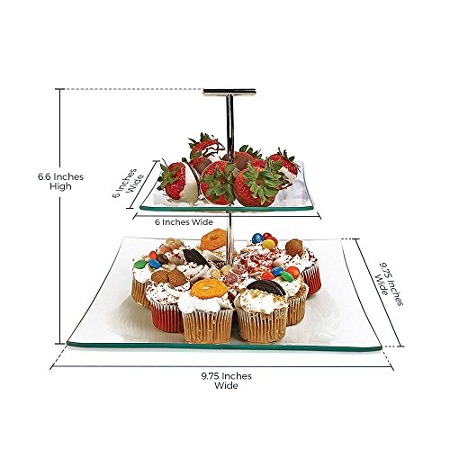 2 Tier Server - Tiered Glass Serving Stand Square Cake Plates with Metal Handle - Food Display Platter for Party and Event, Best for Appetizers, Snacks and Desserts - Thumbnail 7