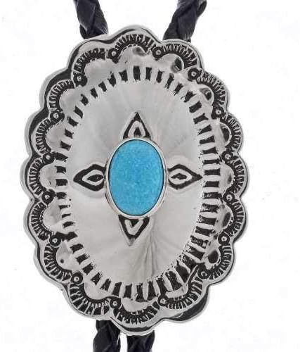 Silver Turquoise Concho Bolo Tie Navajo Hammered Pattern 0004