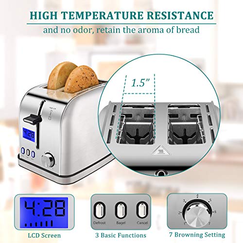 iFedio Best Rated Prime 2 Slice Toaster Stainless Steel with LCD Timer