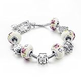 Long Way Women Silver Plated Snake Chain Pink Flower Maruno Glass Bead Heart Clasp Charm Bracelet