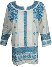 Mogul Womens Resort Tunic Dress Cotton White Blue Embroidered Chikankari Top Blouse