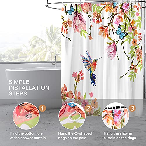 CutebriCase Shower Curtain, Flower Hummingbird Shower Curtain for Bathroom with Hooks, Polyester Fabric Machine Washable Waterproof Large Shower Curtains Sets Decorative Bath Curtain
