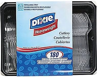 Dixie Plastic Cutlery organizer with lid - This Plastic Flatware organizer with cover includes Assorted Forks, Knives and Spoons, 180 Utensils/Pack