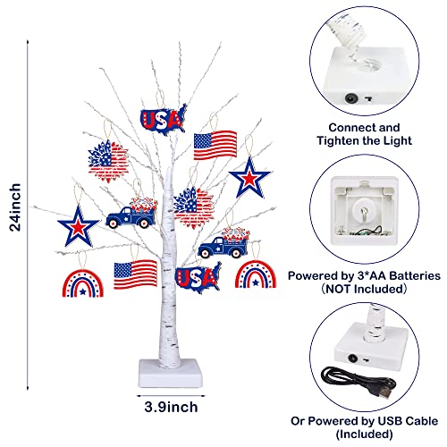 4th of July Decorations, 24” Fourth of July Decoration Tree Light with 12 Patriotic Wooden Signs, [TIMER, USB/Battery Operated] Red White Blue Light for home July 4th Decor Flag Day Independence Decor