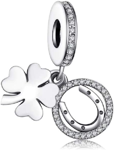 FeatherWish 925 Sterling Silver Lucky Four Leaf Clover And Horseshoe Pendant Dangle Charm With Cubic Zirconia Compatible With Pandora Bracelet