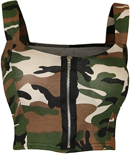 Womens Army Camouflage Print Zip Front Padded Crop Bralet Bra Top