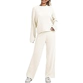 AnotherChill Women's Cable Knit Sweater Lounge Set – Long Sleeve Pullover Top with Wide Leg Pants, 2 Piece Cozy Outfit
