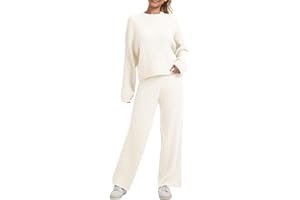 AnotherChill Women's Cable Knit Sweater Lounge Set – Long Sleeve Pullover Top with Wide Leg Pants, 2 Piece Cozy Outfit